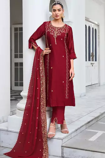 maroon fancy silk kurta set