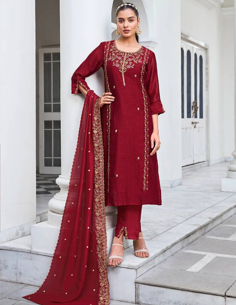 maroon fancy silk kurta set
