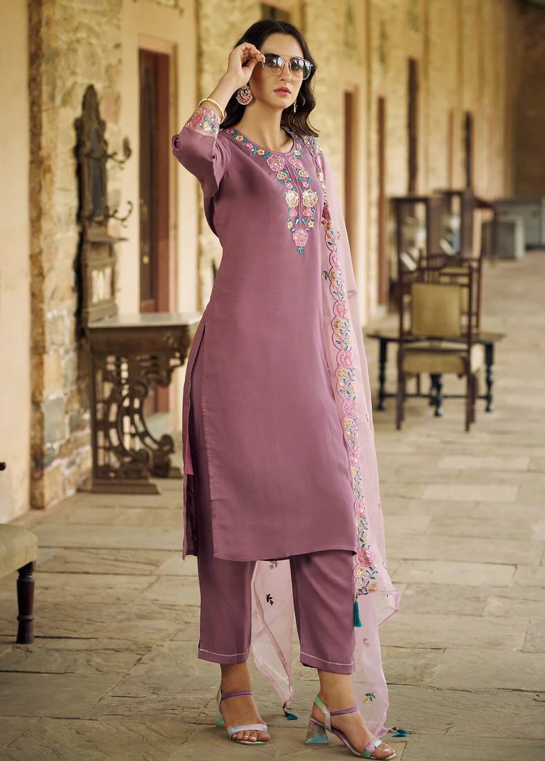light-purple fancy pure silk blend kurta set