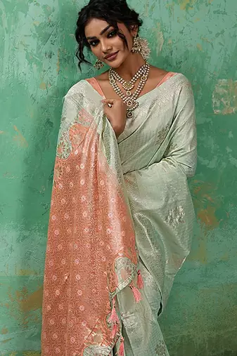 Green woven linen cotton saree