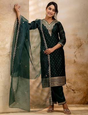 green fancy chanderi silk kurta set 2