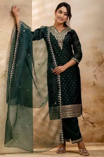 green fancy chanderi silk kurta set