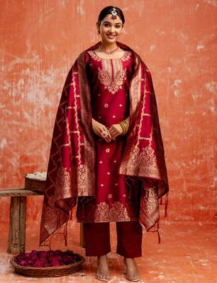maroon fancy cotton silk kurta set 2