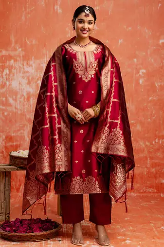 maroon fancy cotton silk kurta set
