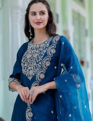 teal fancy silk blend kurta set 3