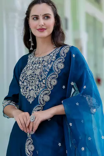 teal fancy silk blend kurta set