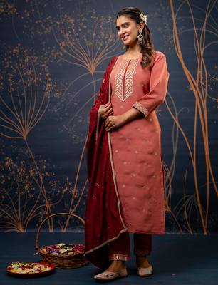 peach fancy silk blend kurta set 4
