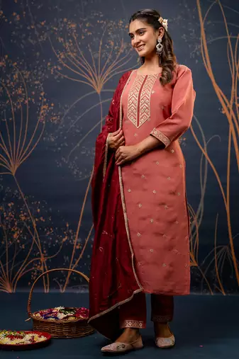 peach fancy silk blend kurta set
