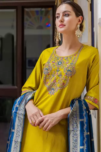 yellow fancy viscose rayon kurta set