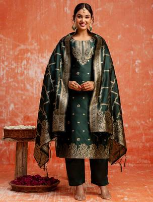 green fancy cotton silk kurta set 2
