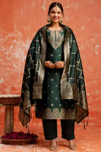 green fancy cotton silk kurta set