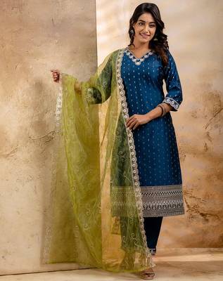 teal fancy chanderi silk kurta set 2