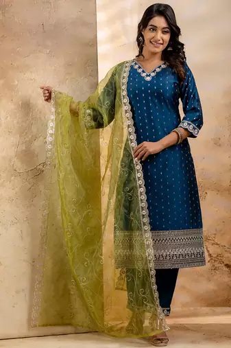 teal fancy chanderi silk kurta set
