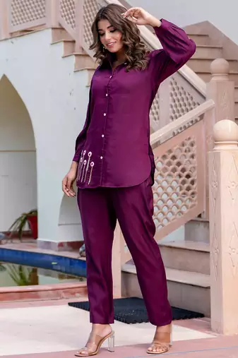 purple fancy silk blend kurta set