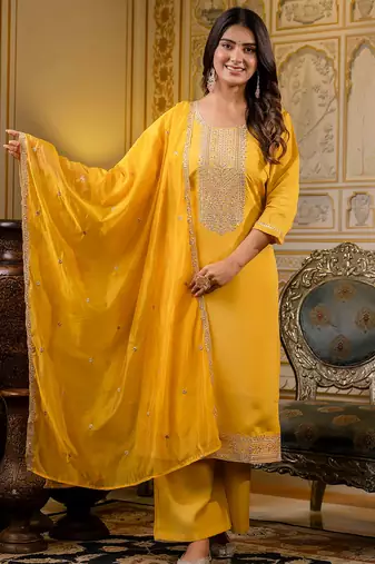 yellow fancy silk blend kurta set