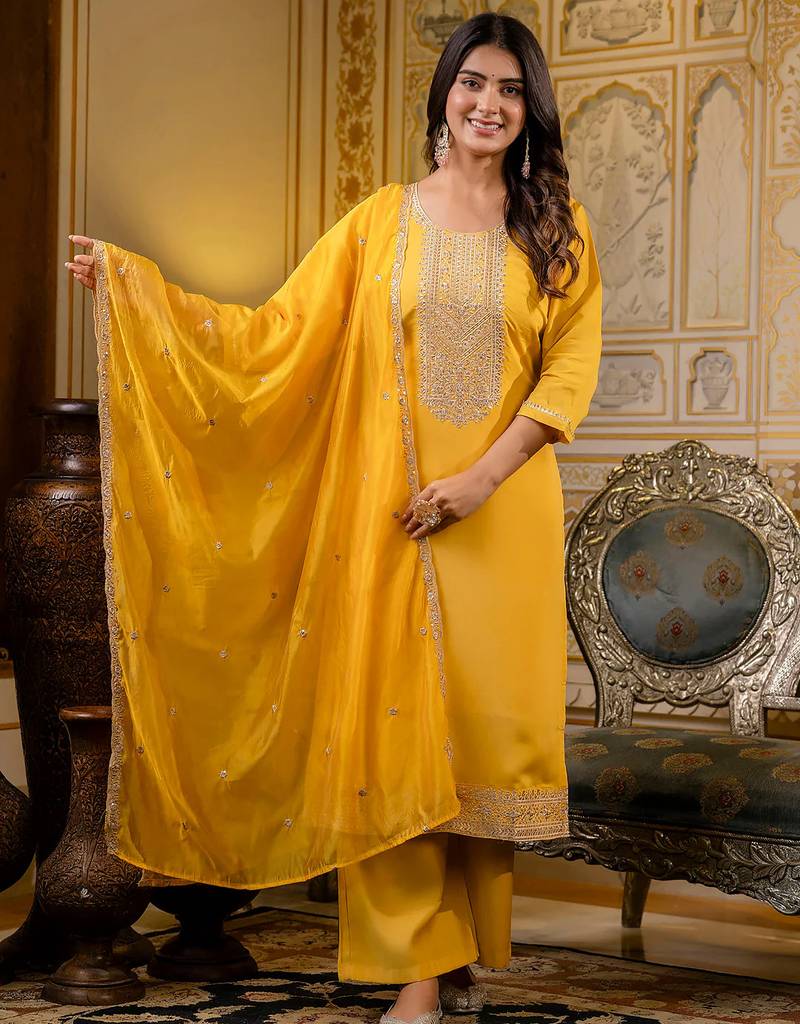 yellow fancy silk blend kurta set