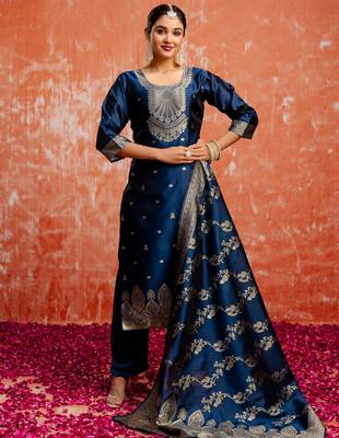 blue fancy cotton silk kurta set 3