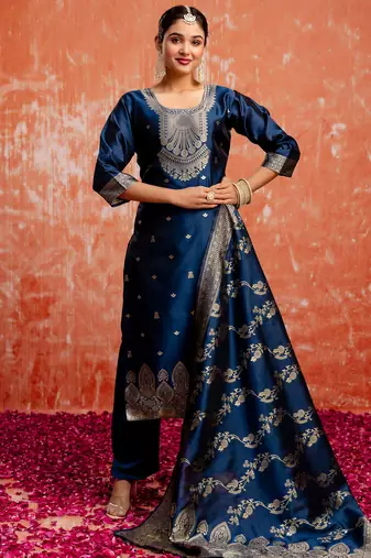 blue fancy cotton silk kurta set
