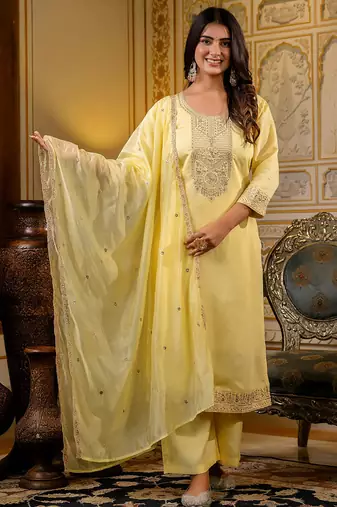 light-yellow fancy silk blend kurta set