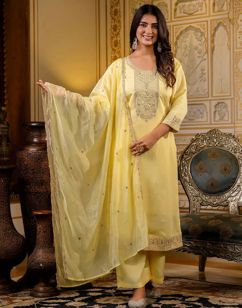 light-yellow fancy silk blend kurta set