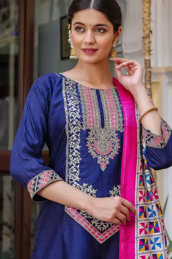 navy-blue fancy silk blend kurta set