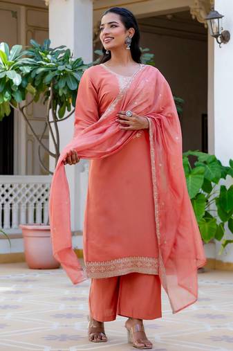 peach fancy silk blend kurta set
