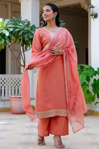 peach fancy silk blend kurta set