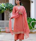 peach fancy silk blend kurta set