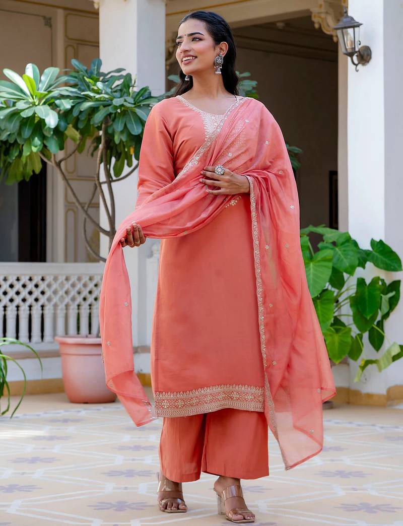 peach fancy silk blend kurta set