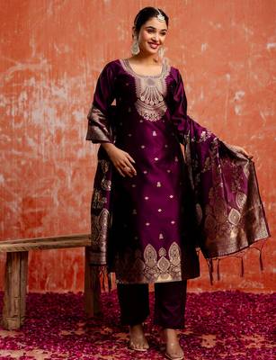 wine fancy cotton silk kurta set 2