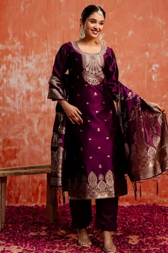 wine fancy cotton silk kurta set