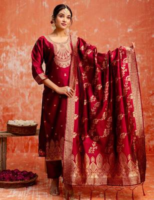 maroon fancy cotton silk kurta set 2
