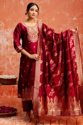 maroon fancy cotton silk kurta set
