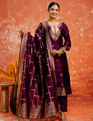 wine fancy cotton silk kurta set 2