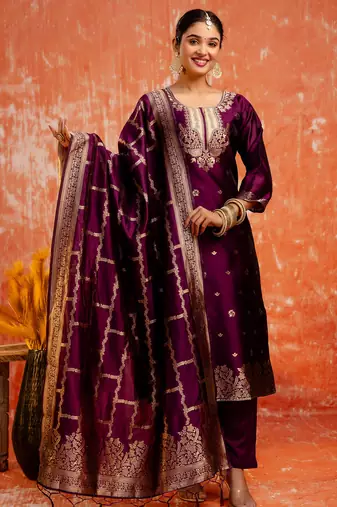 wine fancy cotton silk kurta set