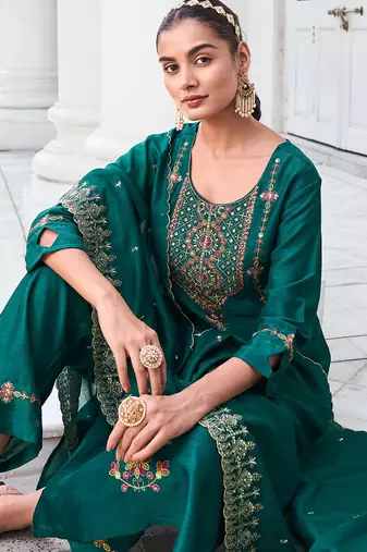 green fancy silk kurta set