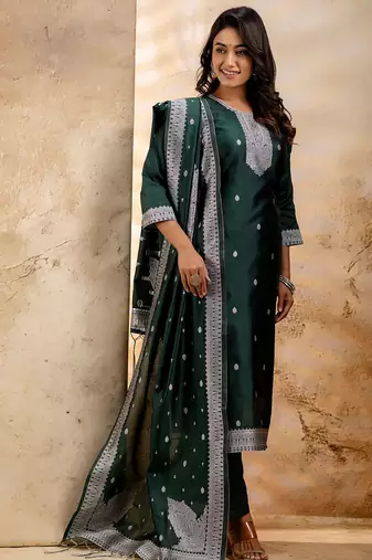 green fancy blended cotton kurta set