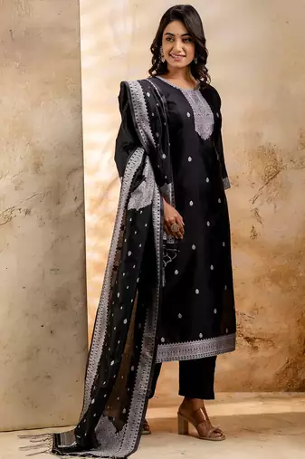 black fancy blended cotton kurta set
