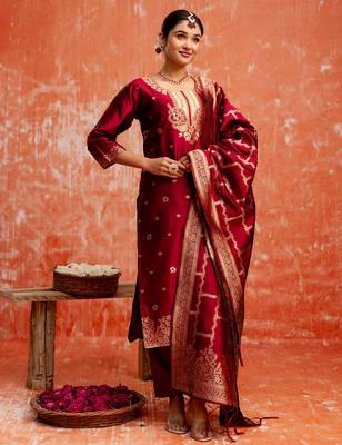 maroon fancy cotton silk kurta set 3