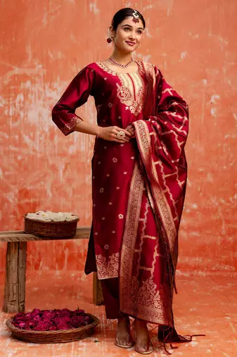maroon fancy cotton silk kurta set