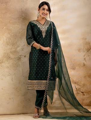 green fancy chanderi silk kurta set 3