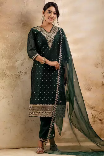 green fancy chanderi silk kurta set