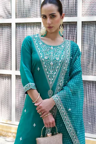 blue fancy silk blend kurta set