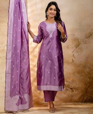 lavender fancy blended cotton kurta set 3