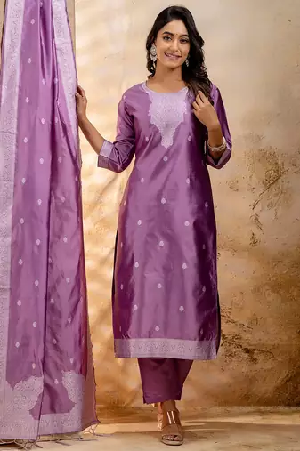 lavender fancy blended cotton kurta set