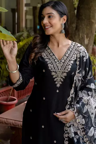 black fancy viscose rayon kurta set