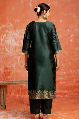 green fancy cotton silk kurta set