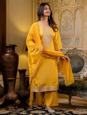 yellow fancy silk blend kurta set 2
