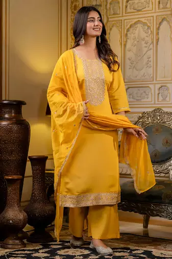 yellow fancy silk blend kurta set
