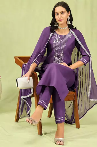 purple fancy blended cotton kurta set